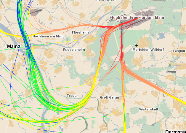 Abflugkorridore Frankjfurt und Südumfliegung Rüsselsheim 